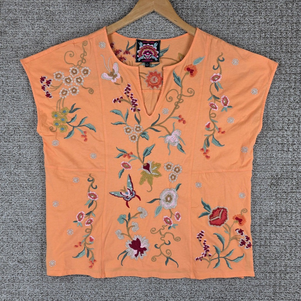 Johnny Was Suki Easy Paneled Tee Orange Embroidered Floral Butterfly Large